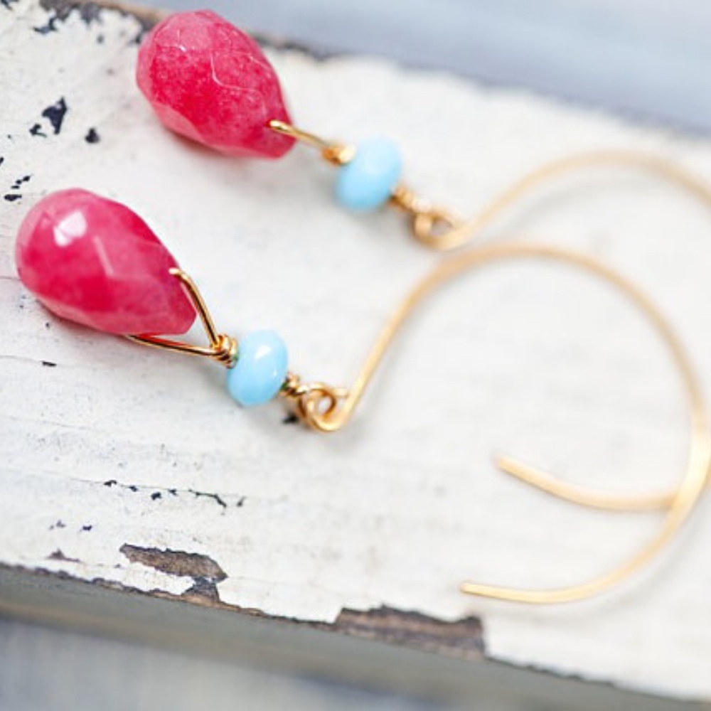 Pink quartz Gold Earrings Handmade New